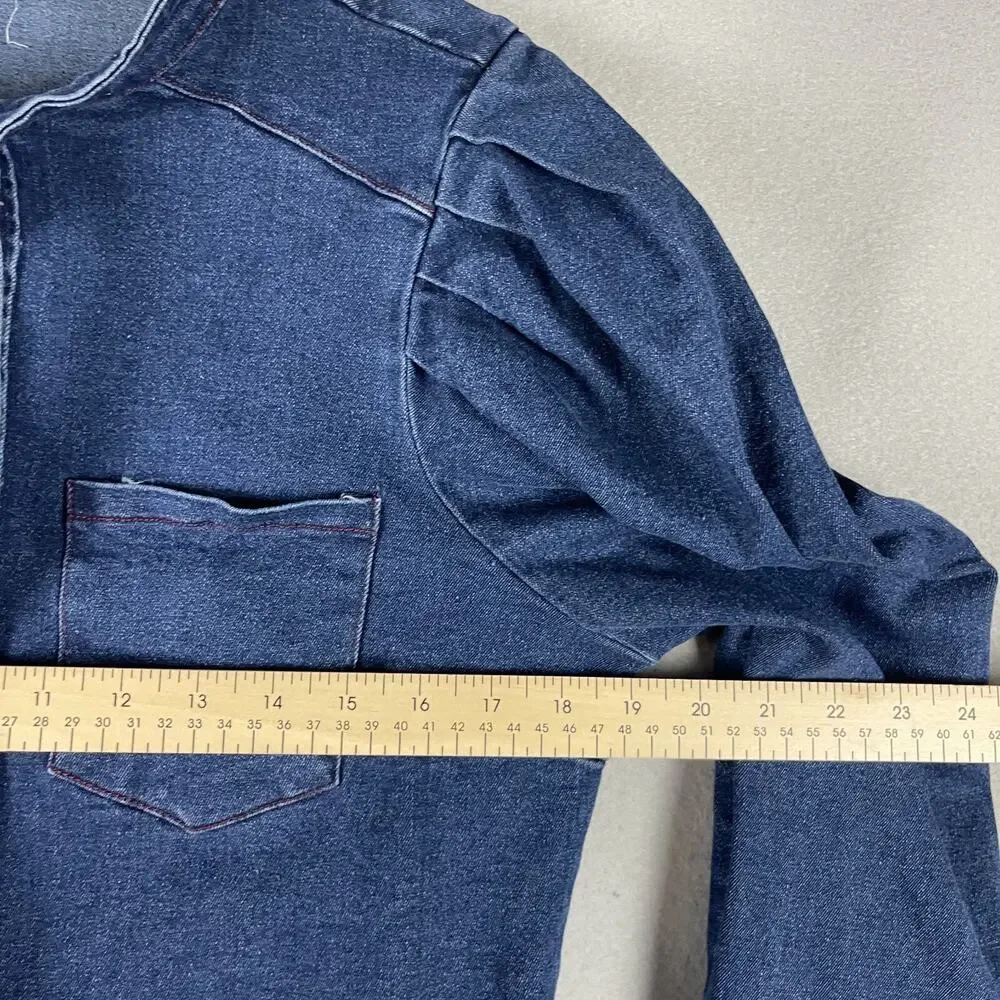 Aaron & Amber Denim Top Womens Large Blue Puff Sleeve Tie Neck Snap Button Heavy - Picture 9 of 16